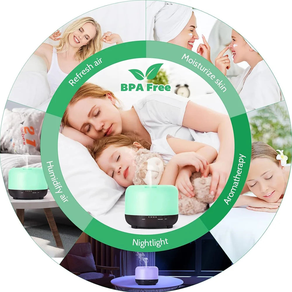 Black Essential Oil Diffuser 500ml Ultrasonic Humidifier Remote Control Quiet for Baby Bedroom Large Room Home