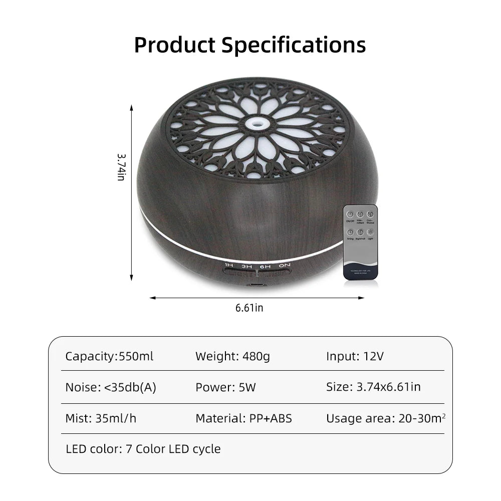 550ml Essential Oil Diffuser with Remote Control 6 Blending Modes 7 LED Colors Auto Shut-Off for Bedroom Living Room Humidifier